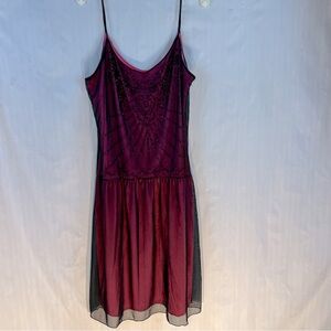Citi Dress Pink Black Netting Over Black Beading Spaghetti Straps Slip Dress 16